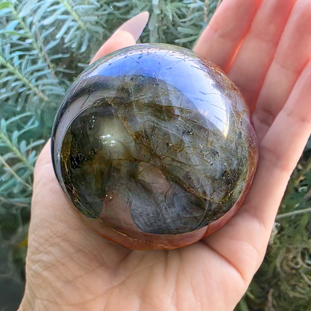 Labradorite Sphere with Black Tourmaline & Blue Flash - 369g