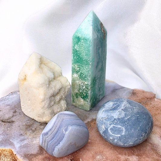 Calming Crystal Set | Blue Aragonite, Quartz, Blue Lace Agate & Blue Calcite