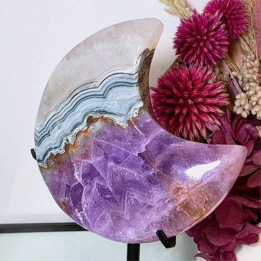 Amethyst x Crazy Lace Agate Moon on Metal Stand - 17cm