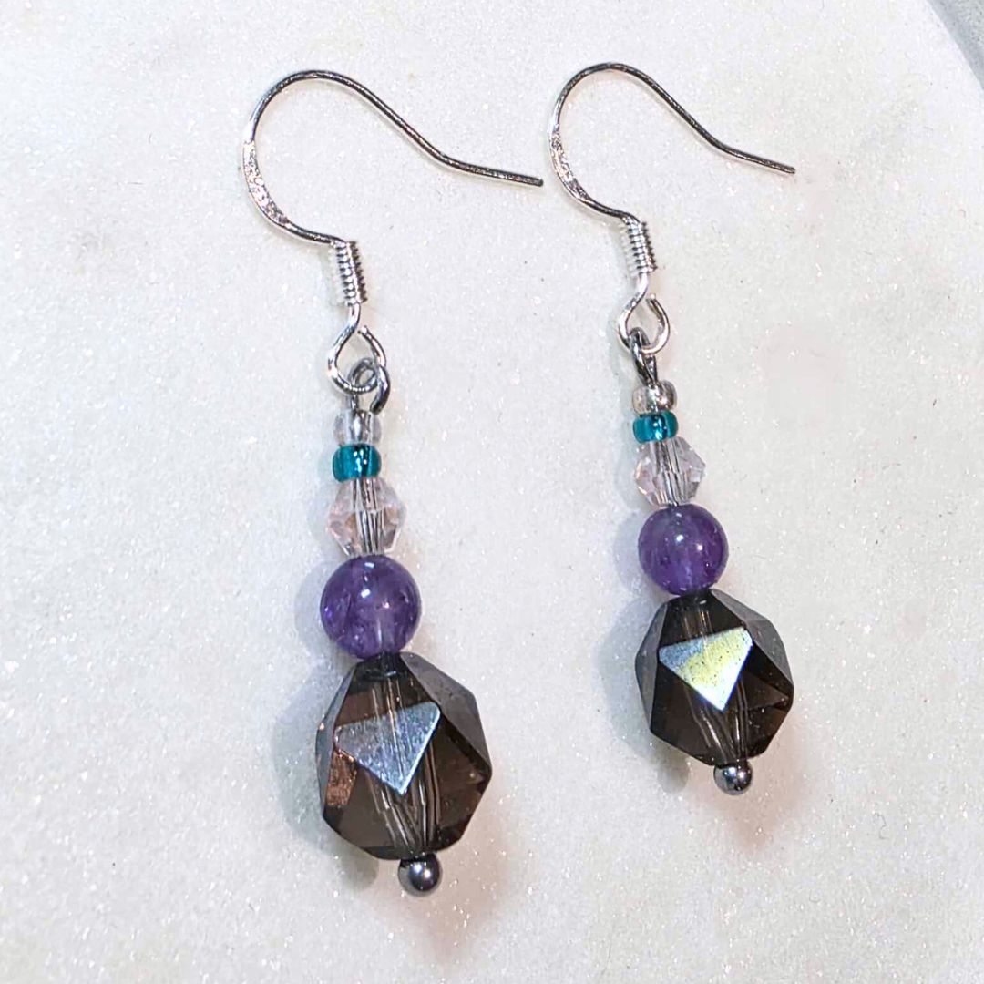 Faceted Smoky Quartz & Amethyst Drop Earrings