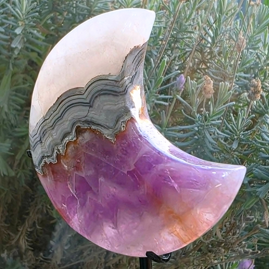 Amethyst x Crazy Lace Agate Moon on Metal Stand - 17cm