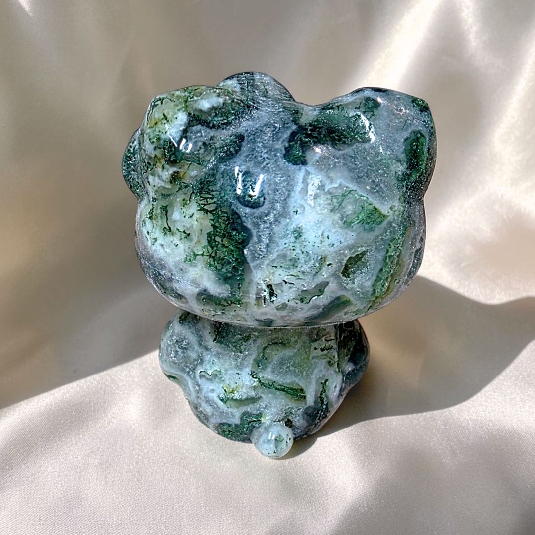 Medium Moss Agate & Chalcedony Kitty Carving