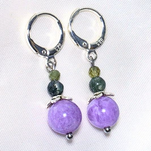 Sterling Silver Moss Agate & Lepidolite Earrings