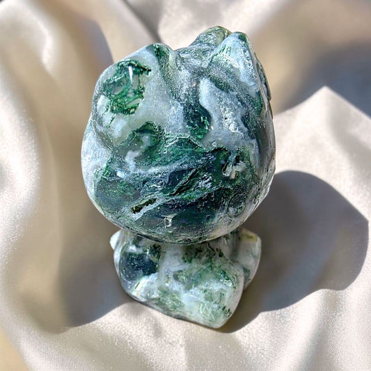 Medium Moss Agate & Chalcedony Kitty Carving