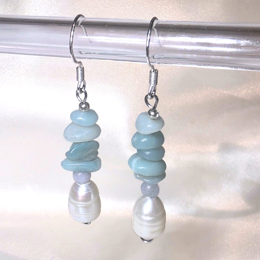 Amazonite Crystal & Freshwater Pearl Earrings