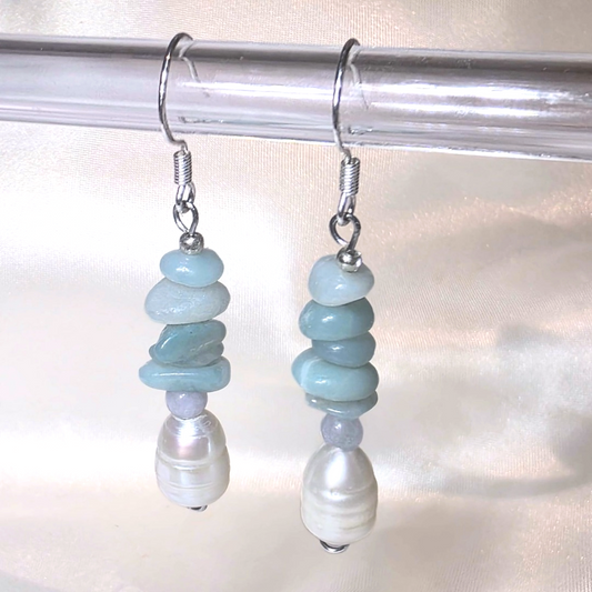 Amazonite Crystal & Freshwater Pearl Earrings