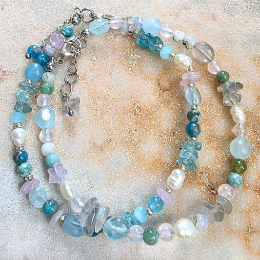 Coastal Veil Bracelet ☁️| Moss Agate, Labradorite, Pearl & Aquamarine