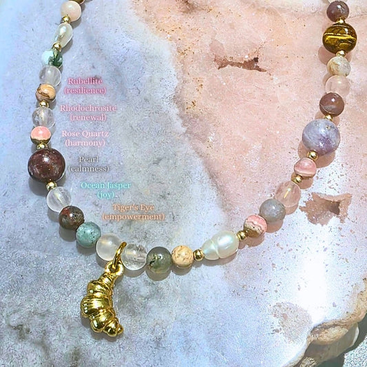 Croissant Lumière Necklace ☁️🥐✨ | Rhodochrosite, Tourmaline, Tiger’s Eye & Rose Quartz Crystal Jewellery