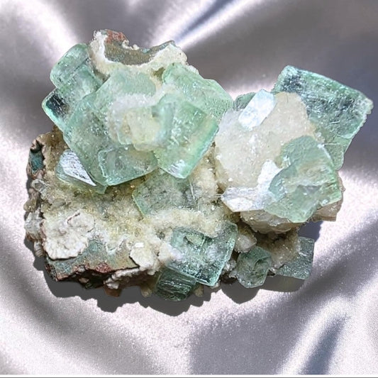 High Grade Glassy Green Apophyllite on Druzy Stilbite Cluster - 100g