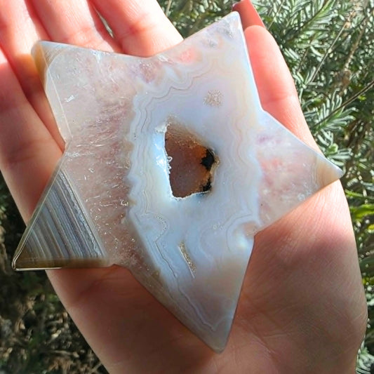 High Grade Agate Star on Custom Stand with Druzy Quartz Centre