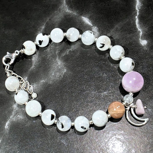 Rainbow & Peach Moonstone with Kunzite Crystal Charm Bracelet