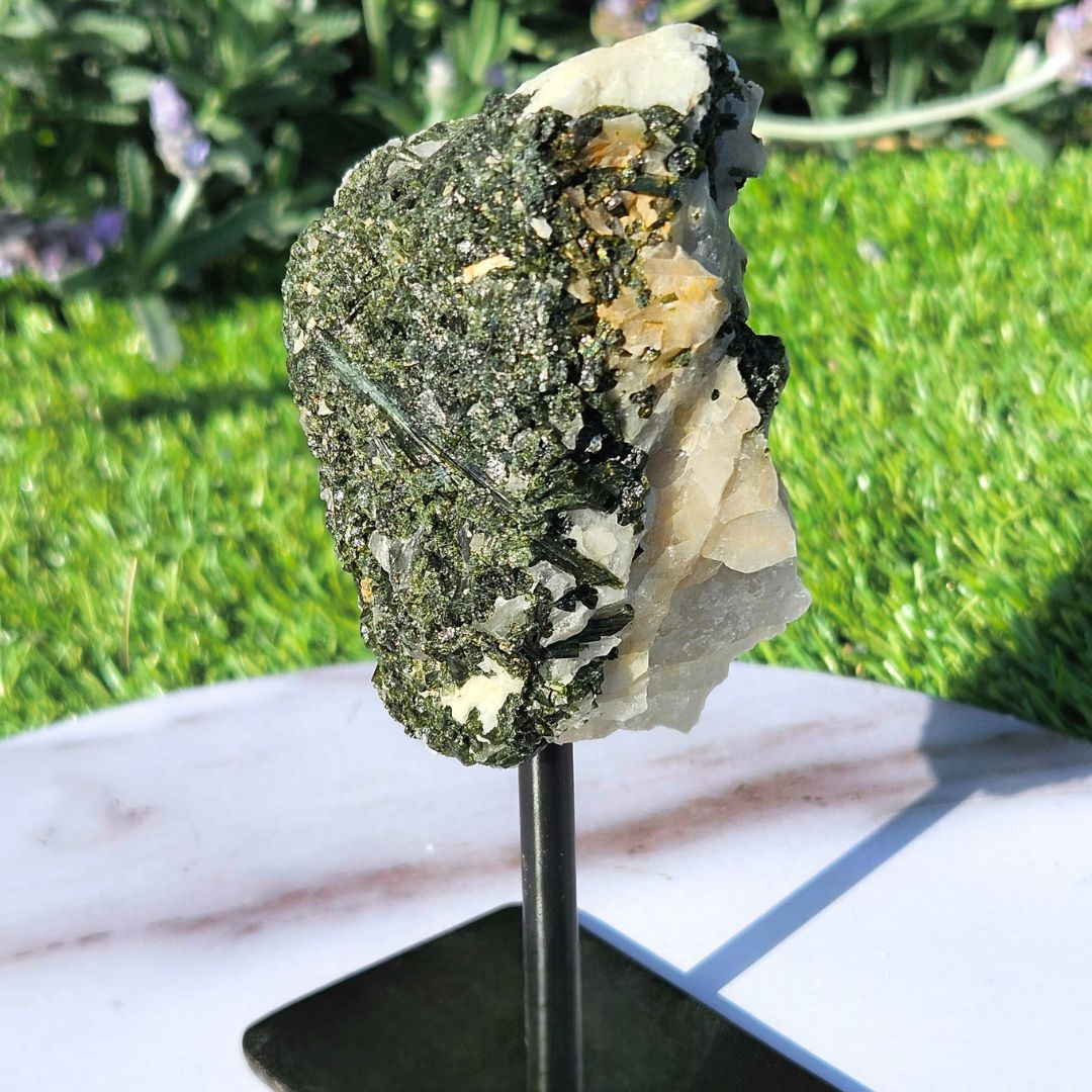 Green Tourmaline in Quartz on Metal Stand