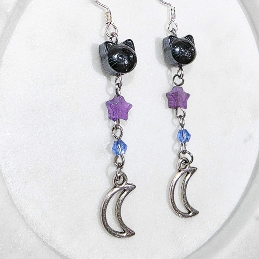 Hematite cat & Amethyst Crystal Earrings