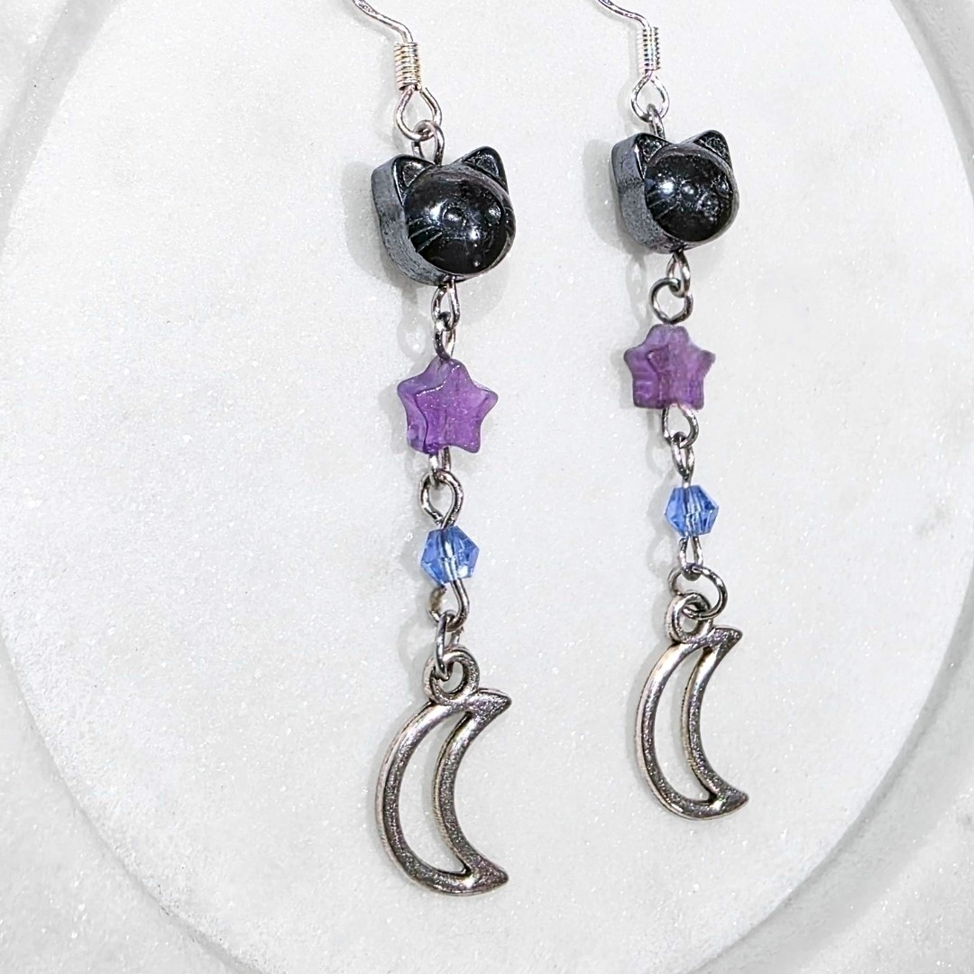 Hematite cat & Amethyst Crystal Earrings