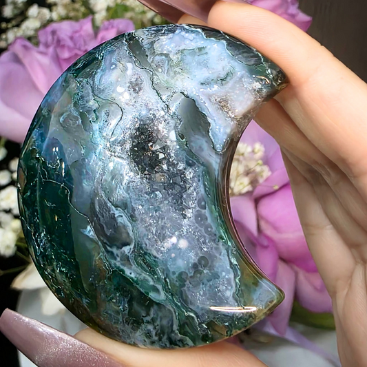 Druzy Moss Agate & Blue Chalcedony Moon on Metal Stand - 13cm tall