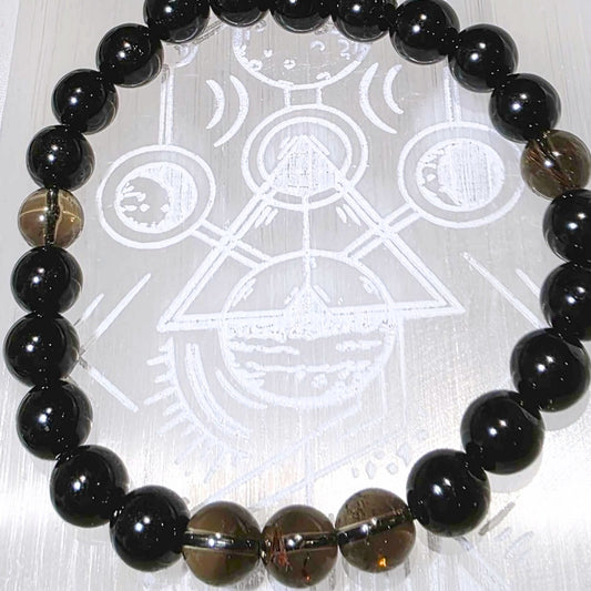 Black Obsidian & Smoky Quartz Crystal Bracelet - Unisex Size