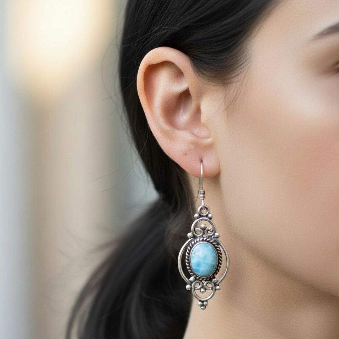 925 Sterling Silver Drop Larimar Crystal Earrings