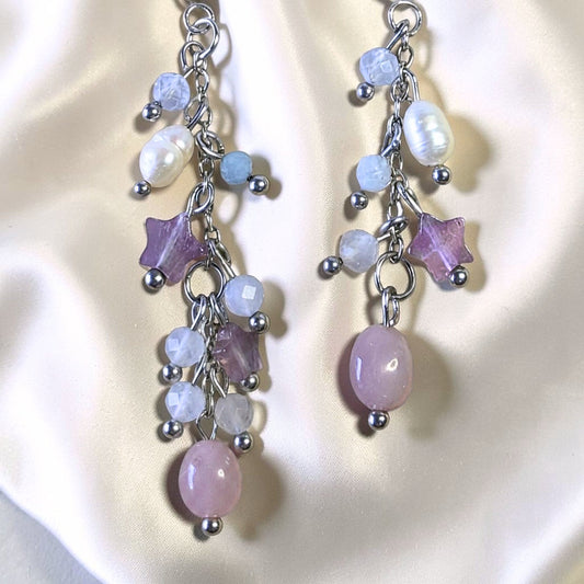Celestial Pearl & Crystal Drop Sterling Silver Earrings | Aquamarine, Amethyst, Pearl, Rose Quartz