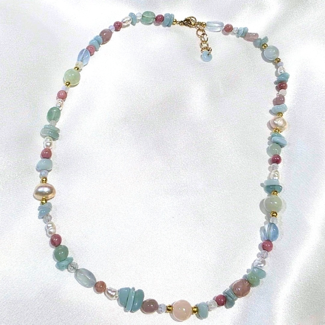 Pastel Crystals ~ Amazonite, Rhodonite, Rose Quartz, Aventurine, Aqua & Pearl Necklace