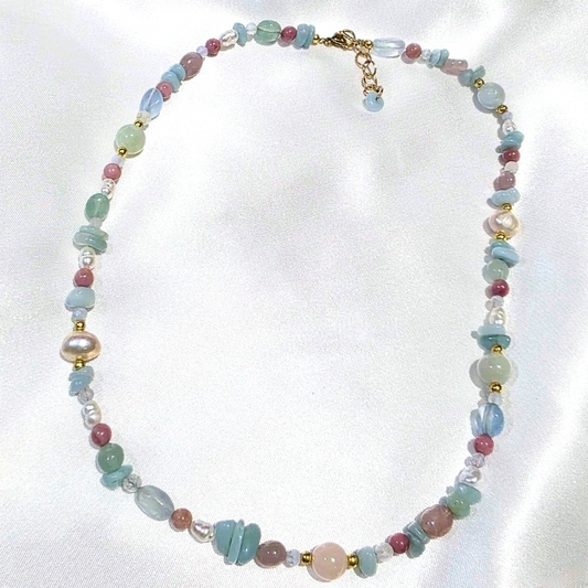 Pastel Crystals ~ Amazonite, Rhodonite, Rose Quartz, Aventurine, Aqua & Pearl Necklace