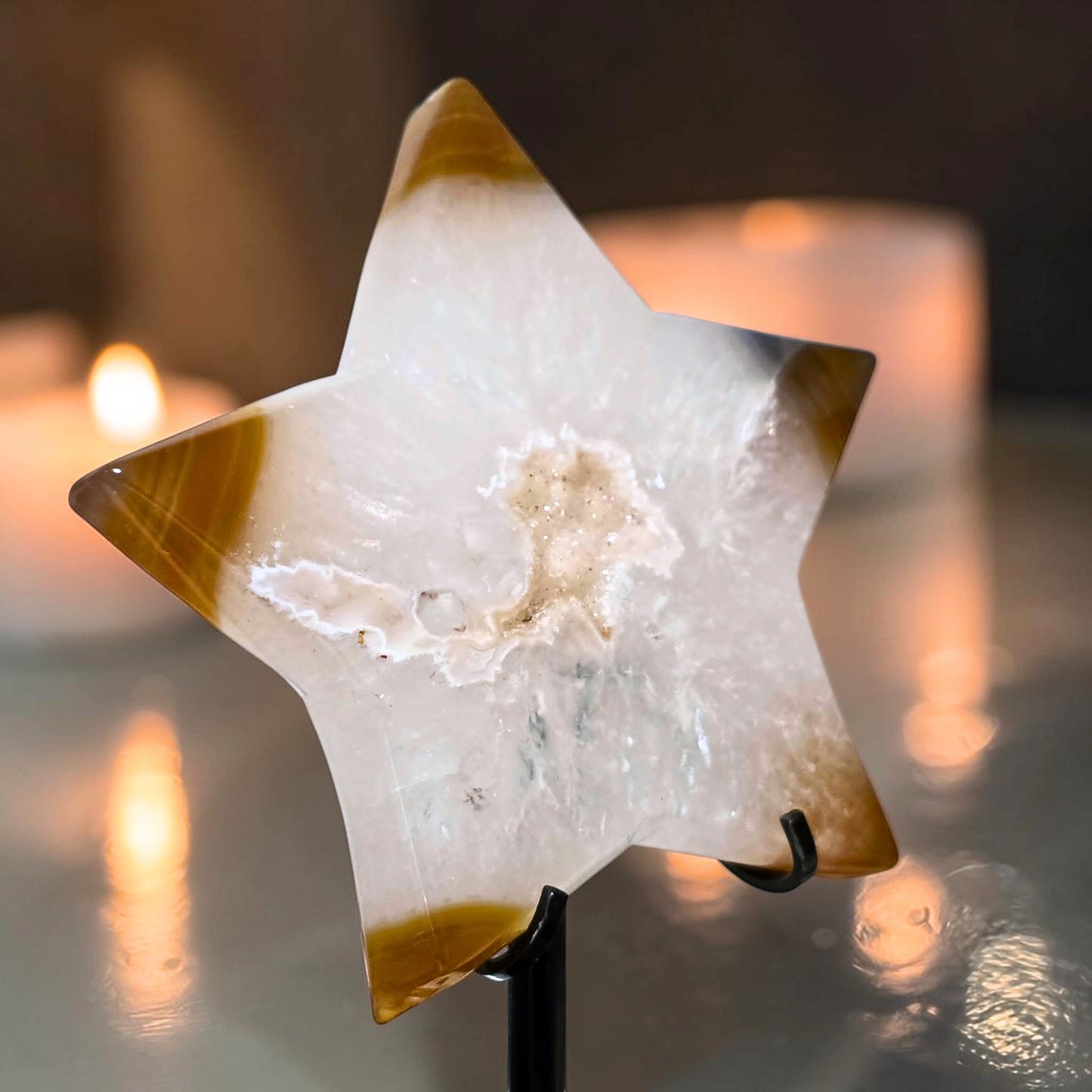 High Grade Carnelian Agate Star on Custom Stand with Druzy Quartz