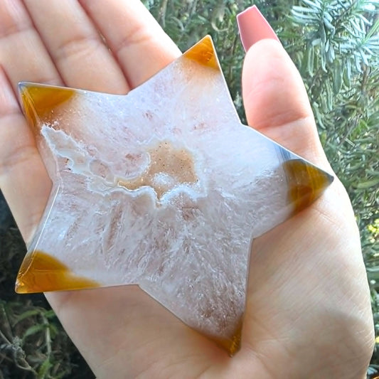High Grade Carnelian Agate Star on Custom Stand with Druzy Quartz