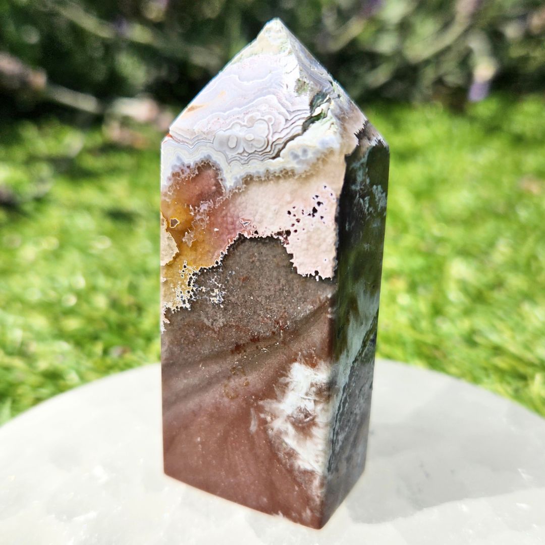 Crazy Lace Agate with Scolecite Tower Point