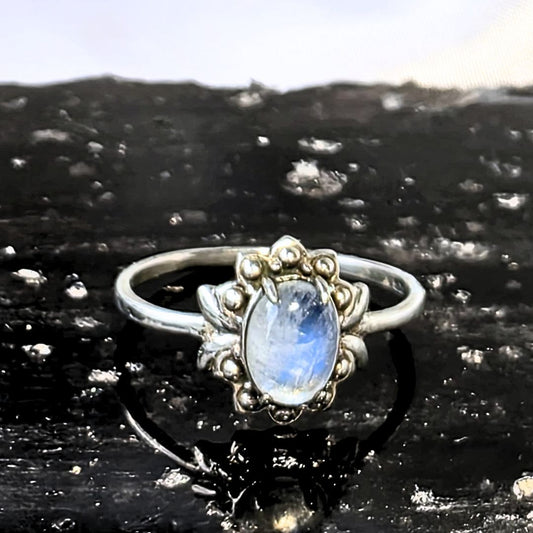 Sterling Silver Rainbow Moonstone Crystal Ring - Size 7