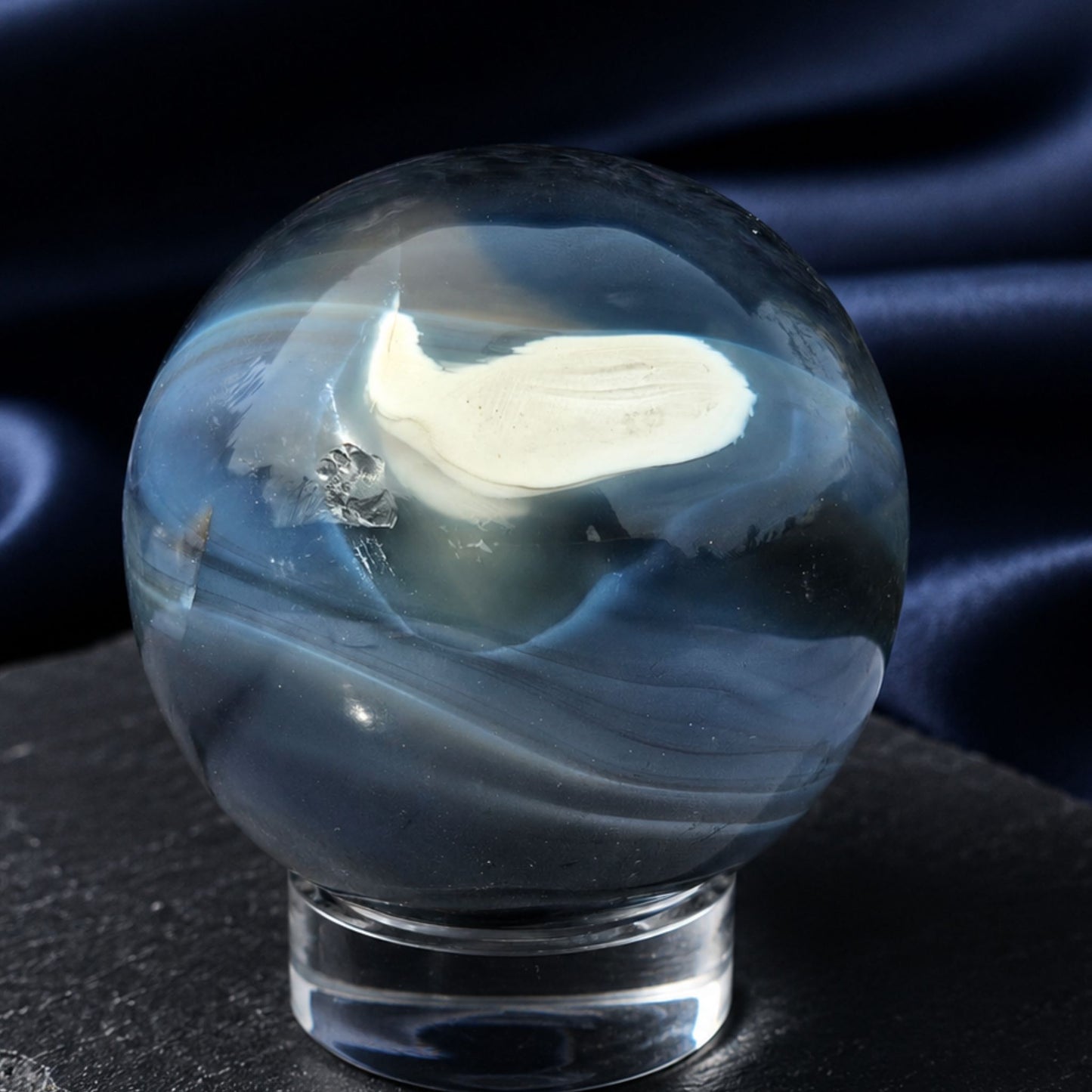 5.3cm Orca Agate sphere with an open druzy cave, optimized for Australian and international crystal collectors.