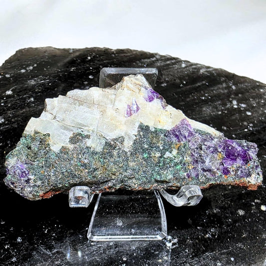 Purple Cubic Fluorite on Malachite & Feldspar Cluster