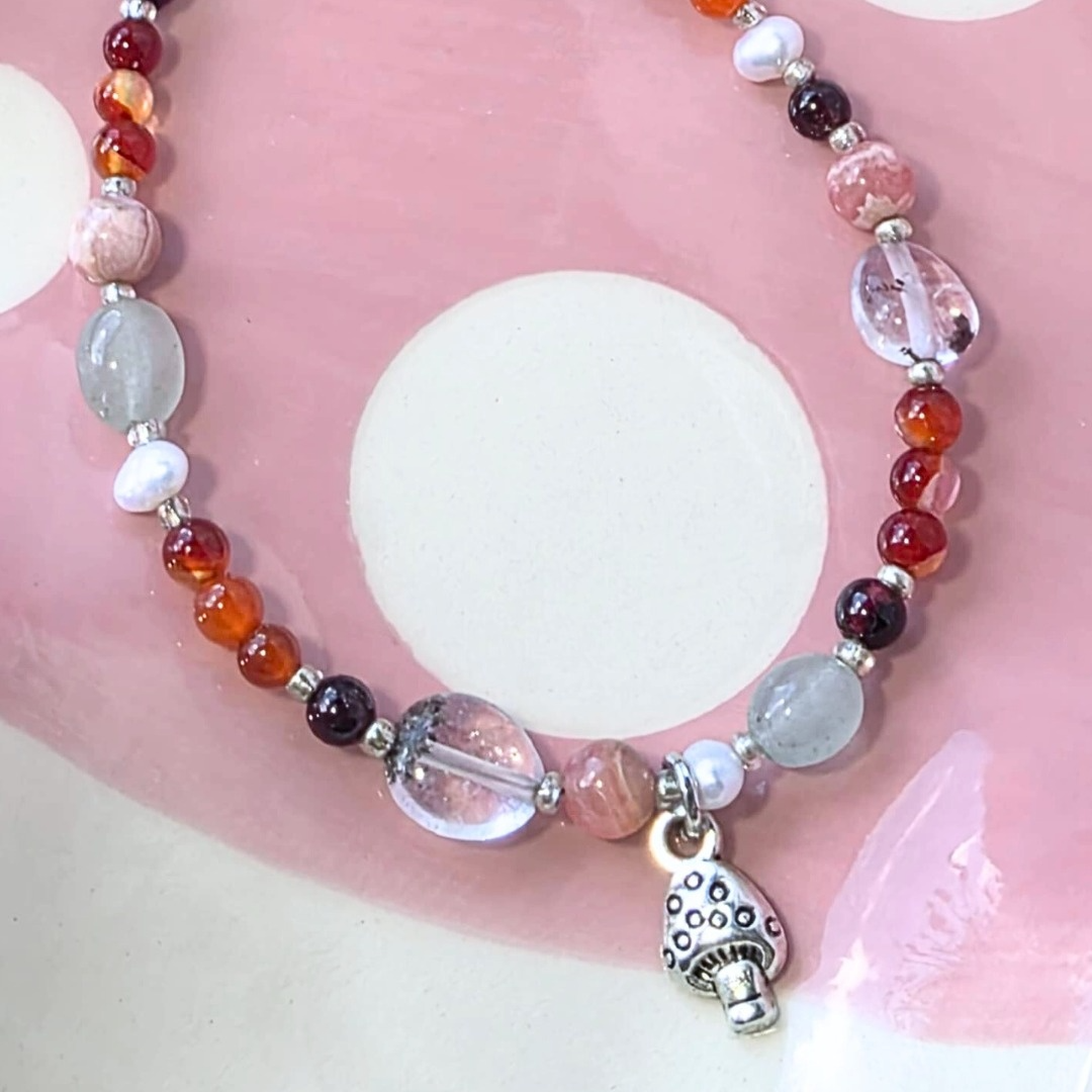 Garnet, Carnelian, Rhodochrosite, Aventurine & Pearl Mushie Bracelet