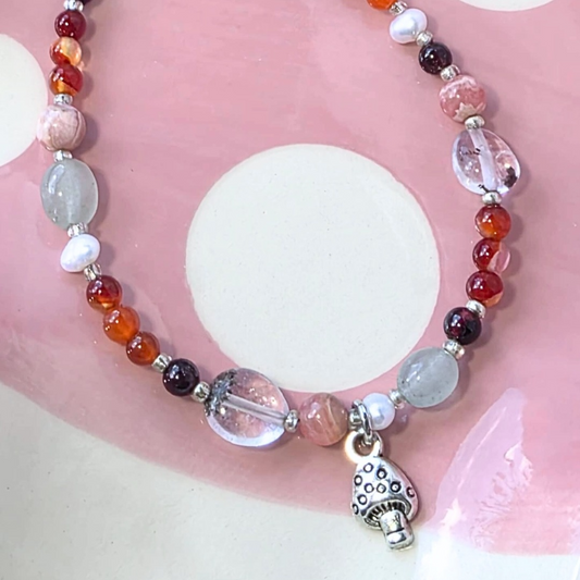 Garnet, Carnelian, Rhodochrosite, Aventurine & Pearl Mushie Bracelet