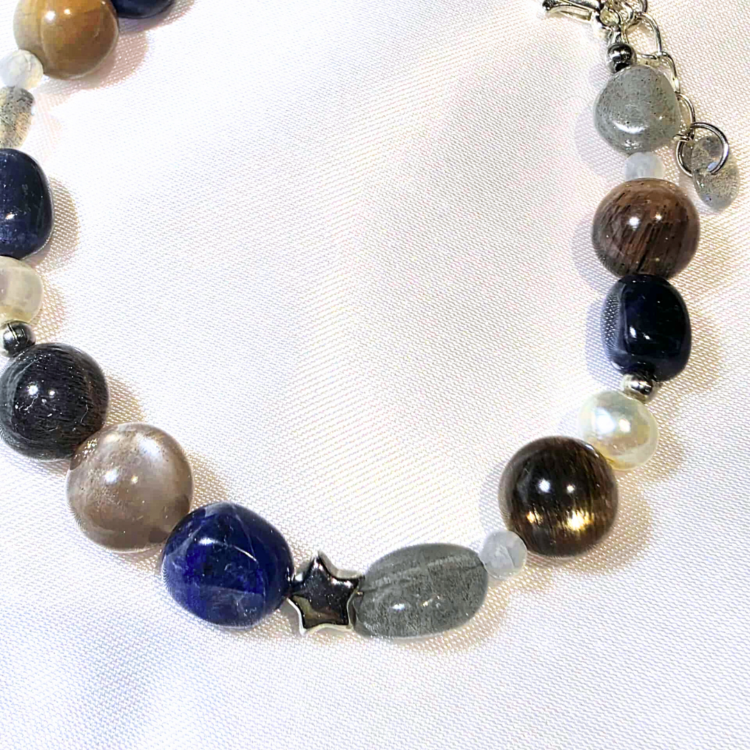 Peach & Black Moonstone, Sodalite, Labradorite & Pearl Crystal Bracelet