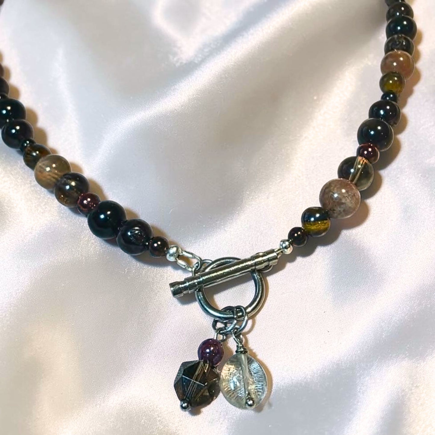 Crimson Veil Crystal Necklace | Garnet, Obsidian, Moonstone, Smoky Quartz, Tiger’s Eye