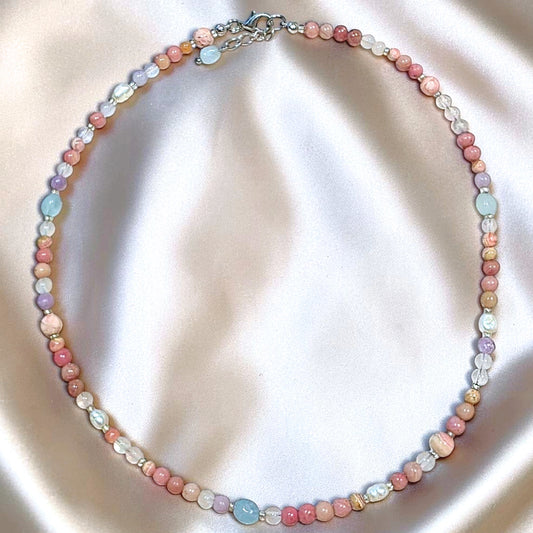 Blush Roselle Necklace | Rhodochrosite, Rhodonite, Aquamarine & Pearl (4mm)