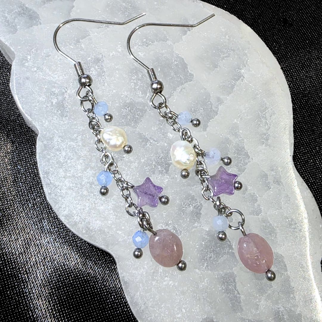 Aquamarine, Amethyst, Pearl & Rose Quartz Earrings