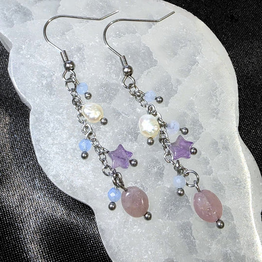 Aquamarine, Amethyst, Pearl & Rose Quartz Earrings