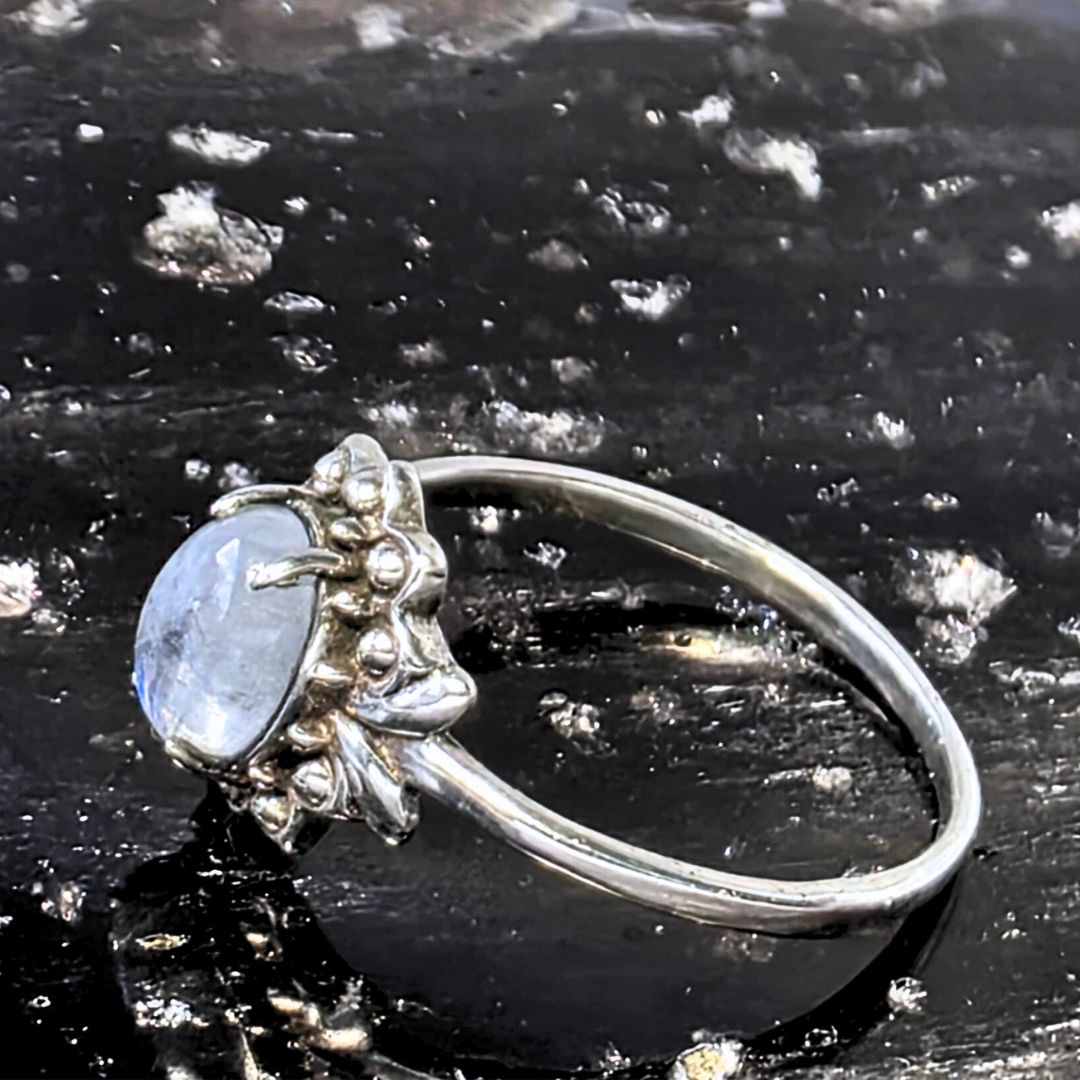 Sterling Silver Rainbow Moonstone Crystal Ring - Size 7
