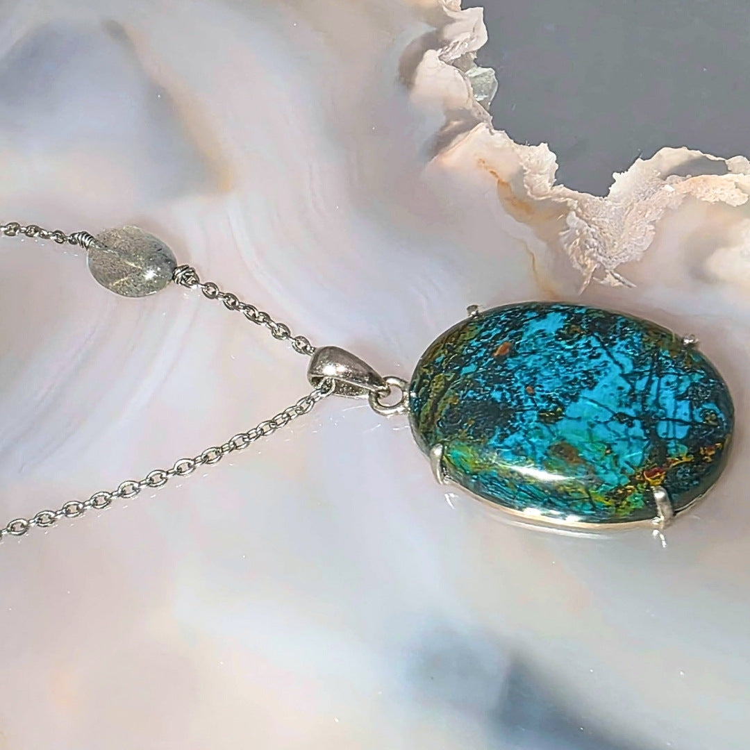 Rare Shattuckite & Labradorite 925 Sterling Silver Necklace