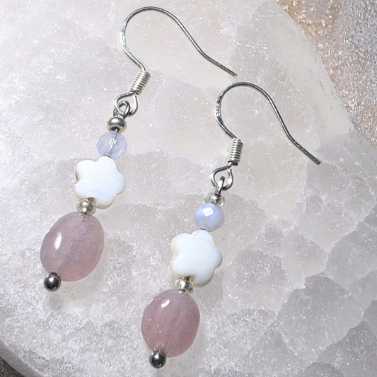 Blue Lace Agate, Shell & Rose Quartz Sterling Silver Earrings