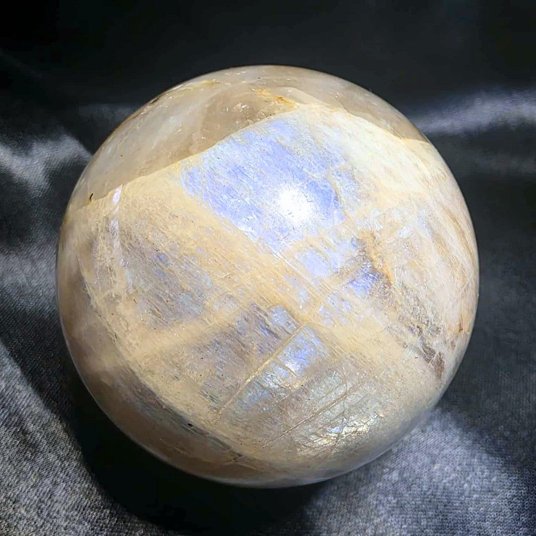 White Moonstone with Rainbow Sunstone Sphere - includes stand