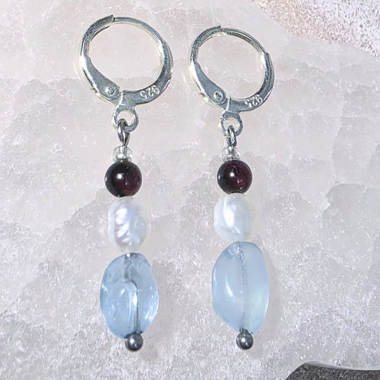 Sterling Silver Garnet, Pearl & Aquamarine Earrings