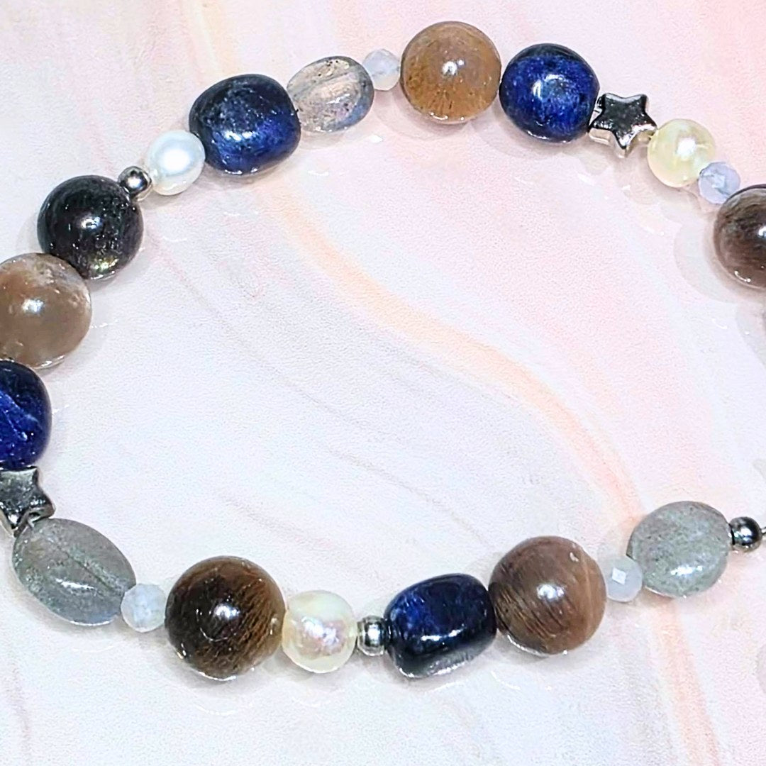 Moonstone, Sodalite, Labradorite & Pearl Crystal Adjustable Bracelet