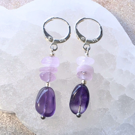 Sterling Silver Kunzite & Amethyst Crystal Earrings