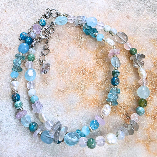 Coastal Veil Bracelet ☁️| Moss Agate, Labradorite, Pearl & Aquamarine