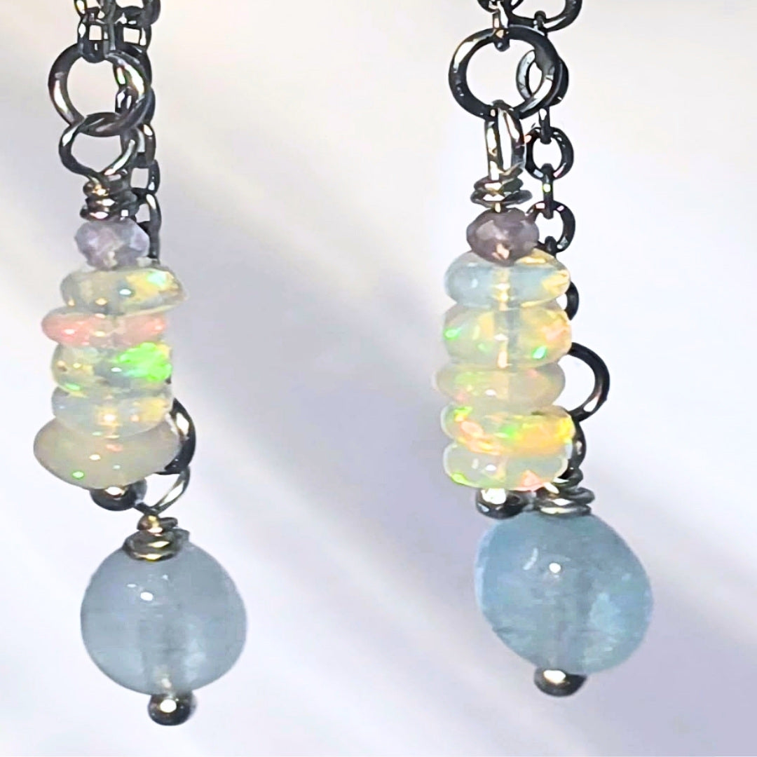 Opal Light Drop Earrings | Ethiopian Opal & Aquamarine (Sterling Silver)☁️