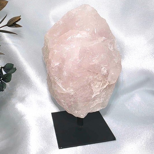 Rose Quartz Large Raw Crystal on Metal Stand - 434g