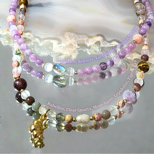 Croissant Lumière Necklace ☁️🥐✨ | Rhodochrosite, Tourmaline, Tiger’s Eye & Rose Quartz Jewellery