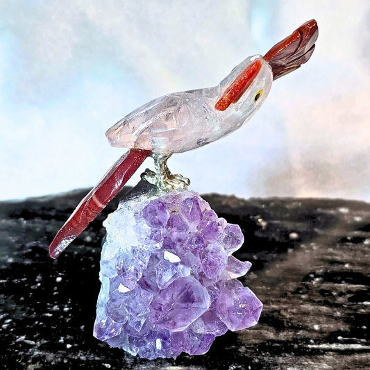 Clear Quartz Bird on Amethyst & Agate Cut Base