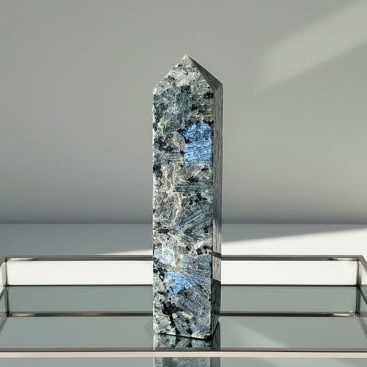 Large Larvikite Tower with Blue-Silver Flash - Norway - 15.2cm tall